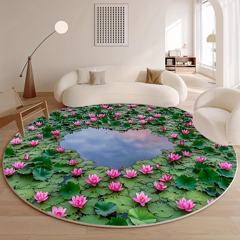 Blooming Pink Lotus Pattern Round Flannel Rug, Meditation Yoga Mat for Indoor Living Room Decor, Portable Floor Cushion