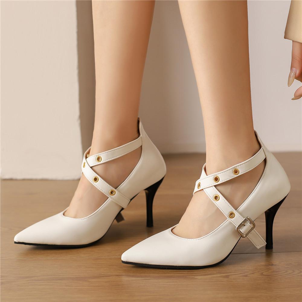 Fashion Pumps High Heel Women New Cross Straps Buckle Wedding Shoes Shallow Pointed Single Shoes Model Nightclub Sexy Plus Size 34-48