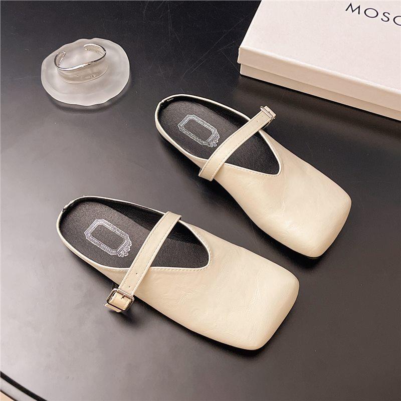 2025 Spring New Fashion Korean Version of Simple Belt Buckle Square Head Bag Head Half Drag Without Heel Lazy Slippers Women