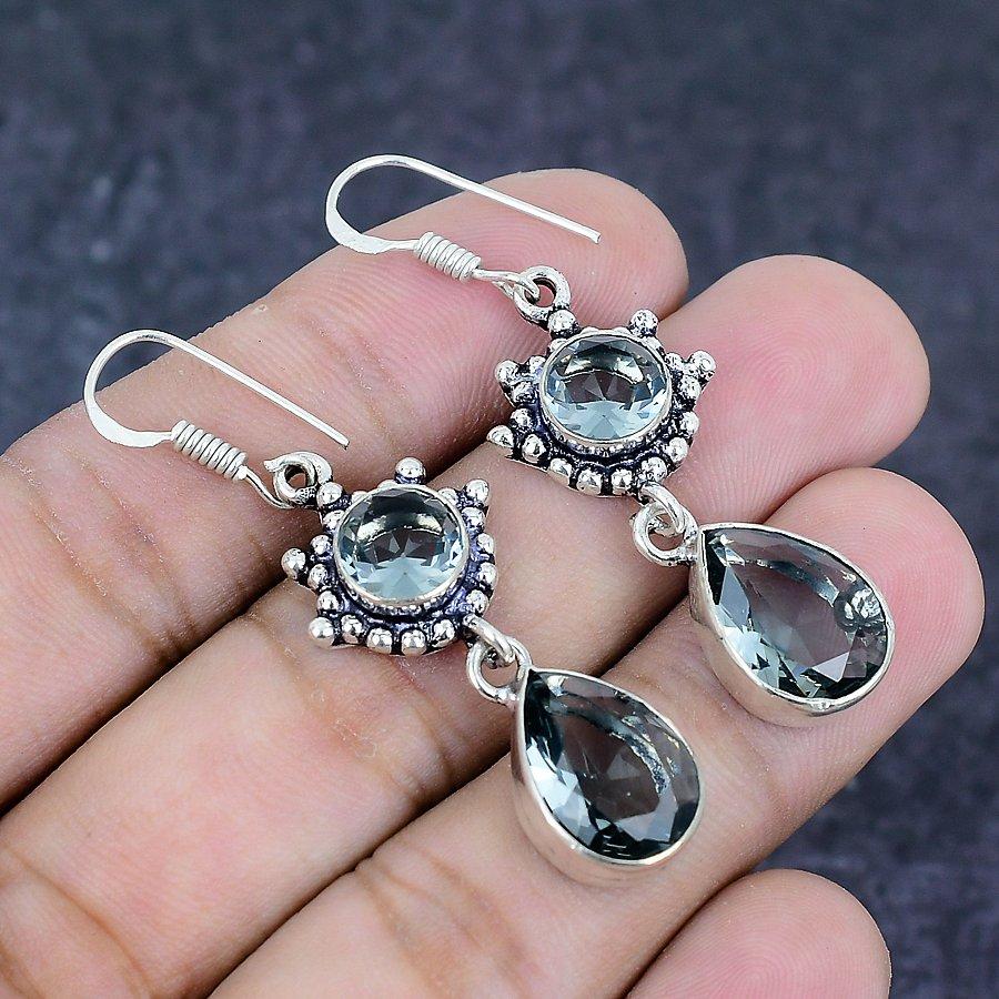 Natural Black Spinel Gemstone Handmade 925 Sterling Silver Earring 2.05" B3k83