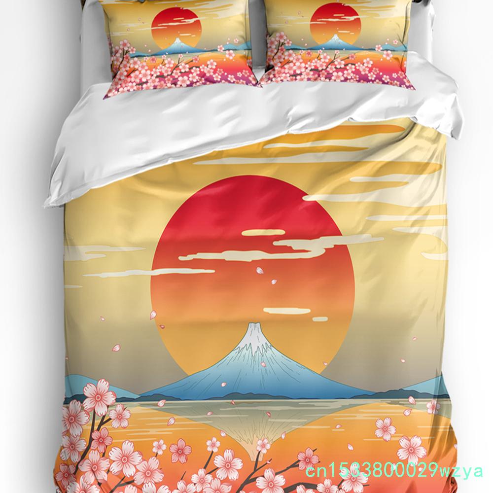 Bettwäscheset im japanischen Stil mit Sakura-Kirschblüten und rosa Blumen, 3-teilig, für Doppelbett, Heimtextilien, Bettbezug, Bettbezug, Kissenbezug
