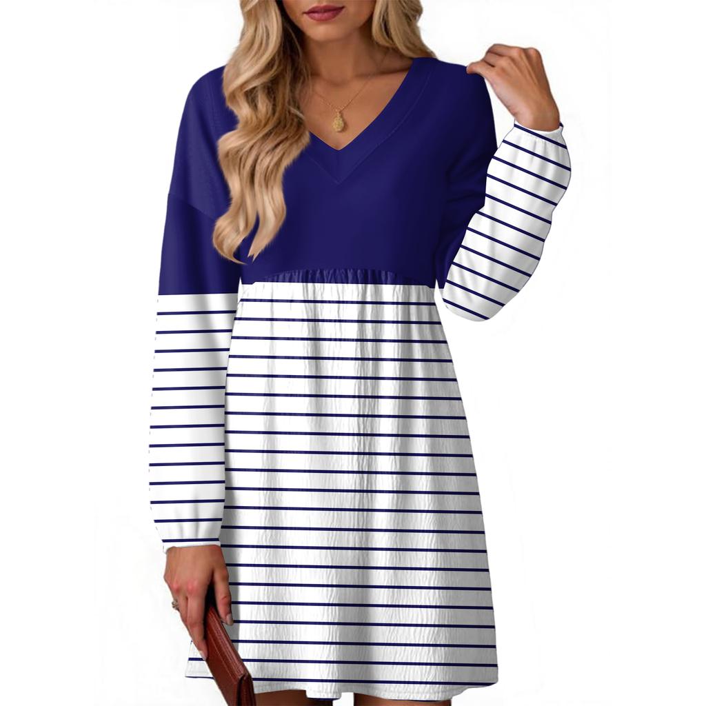 Women's Fashion Striped V-Neck Long Sleeve Dress