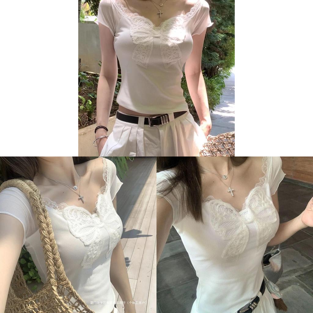 Camiseta con Lazo de Mariposa de Encaje Verano Mujer Blanca Oversize Diseñador Algodón