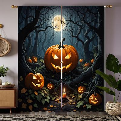 2pcs HD Halloween Dark Night Moon Jack-o '-Lantern Ancient Tree Curtain Black Tie Digital Printed Curtain Home Decor Style De