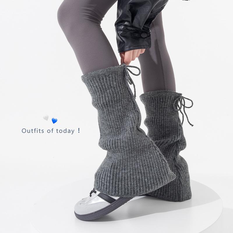 Boots Cotton Socks Cover Bow Straps Thickened Thermal Stacking Socks Gray Knitted Calf Cover