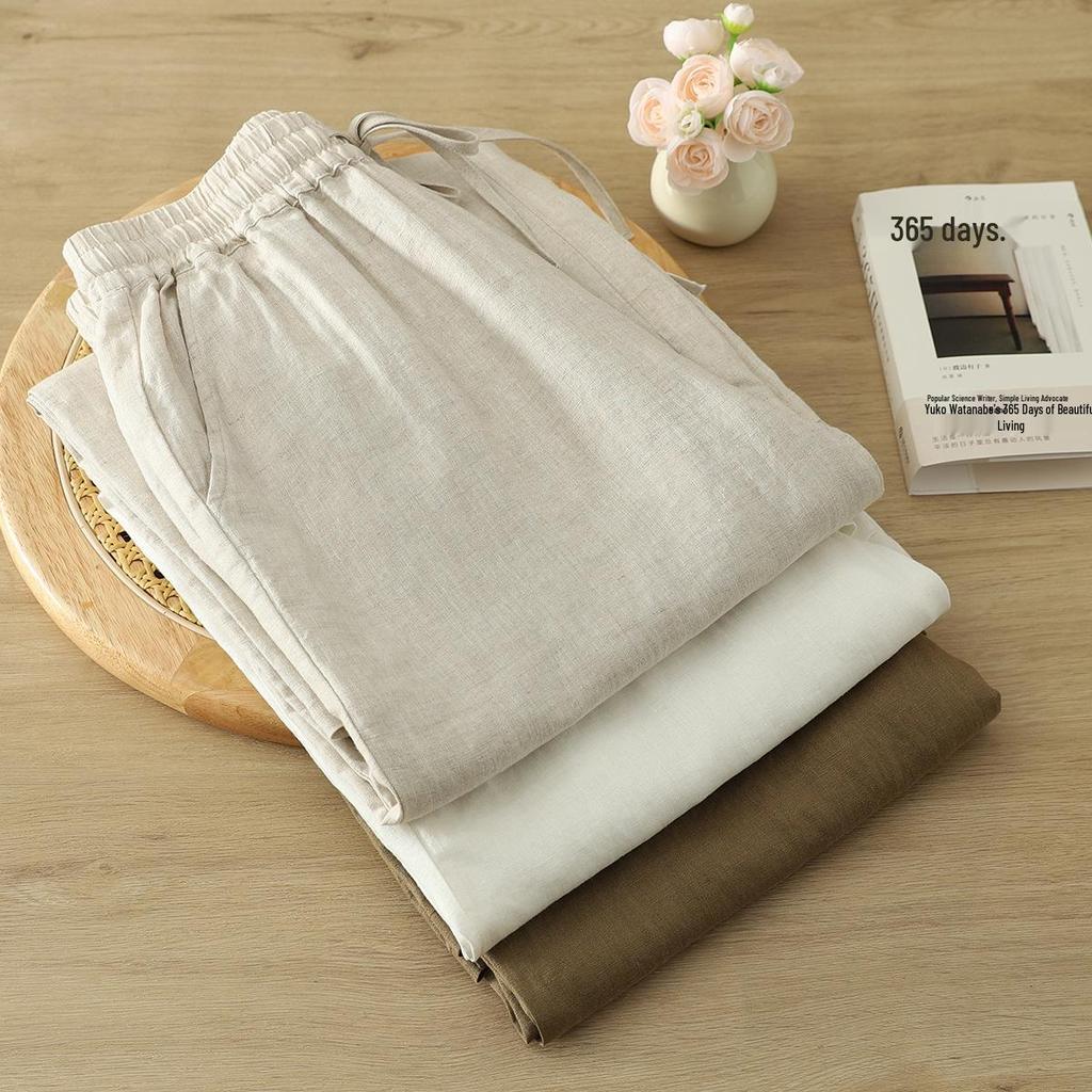 Japanese Pure Linen Women's Wide-Leg Elastic Waist Pants