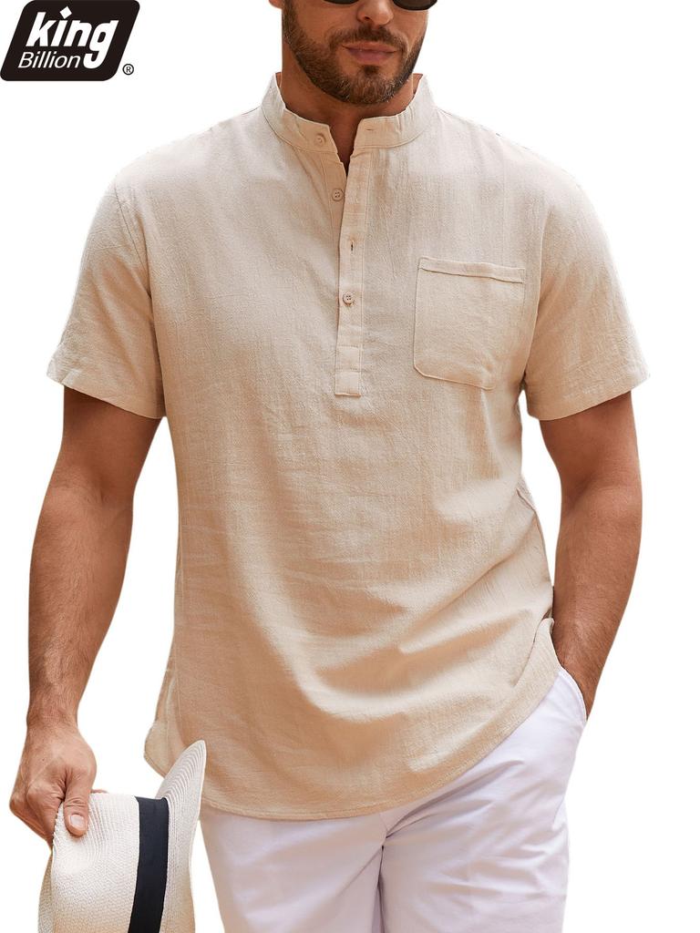Summer Casual Linen Blend Short Sleeve Shirt for Men - Breathable Mandarin Collar Chest Pocket Lightweight Vacation Tops In Solid Colors