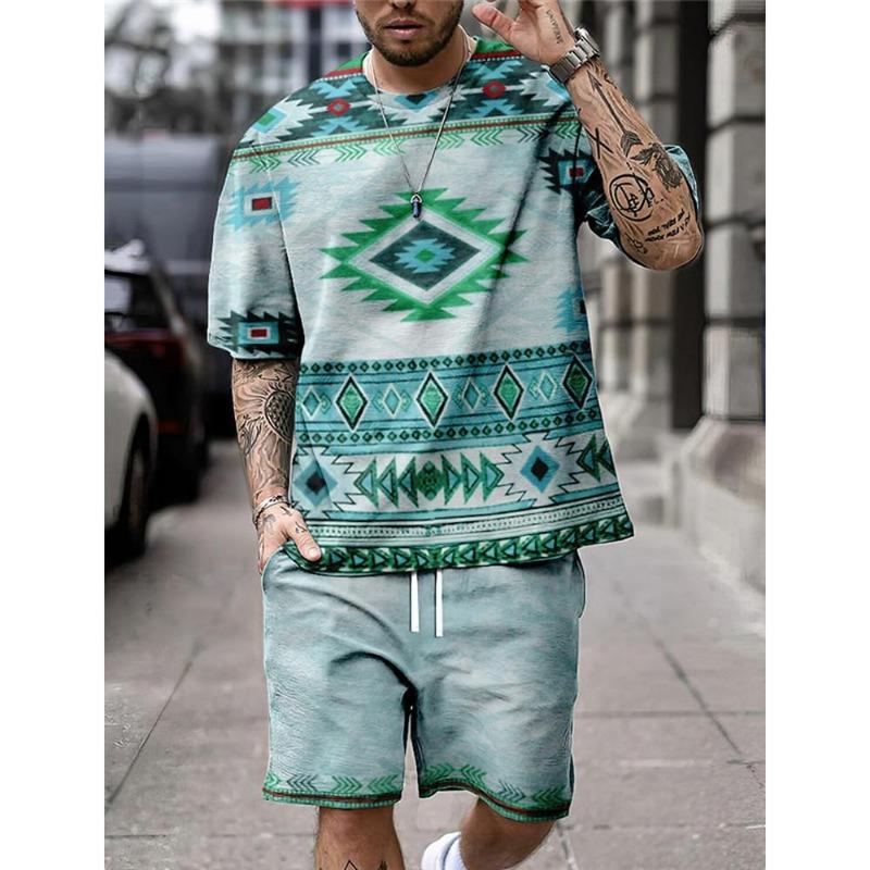 Summer Fashion Casual Men's Suit 3D Printed Sportswear Short-sleeved Suit Oversized Round Neck T-shirt Shorts 2-piece