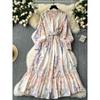 Classy Exquisite Dress Women's Ladies Fashion Elegant Retro Lantern Long Sleeve Waist Trimming Printing French Suit Long Dress