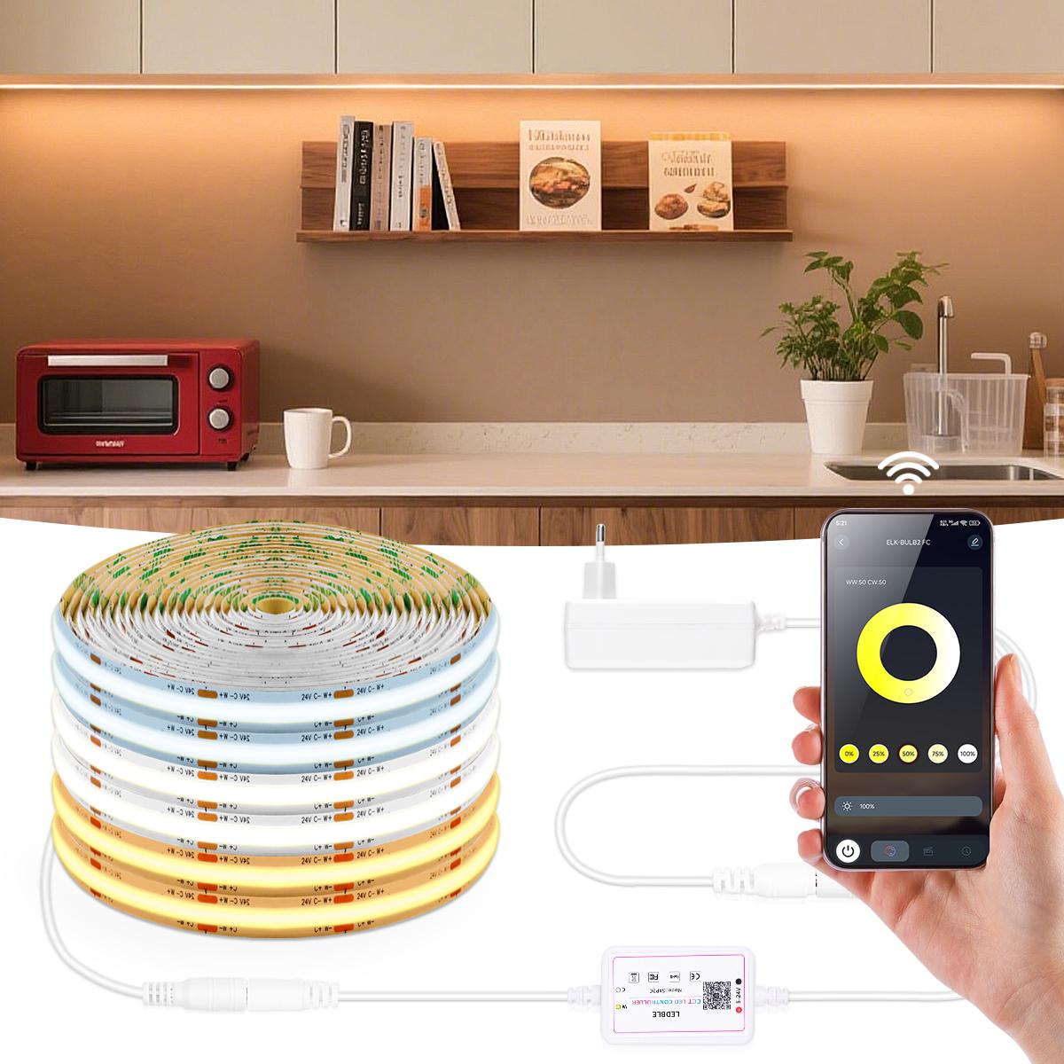 

Беспроводное управление по Bluetooth через приложение Светодиодная лента под шкаф CCT 2700K-6500K Цветовая температура Диммируемая COB светодиодная лента для кухни 2M