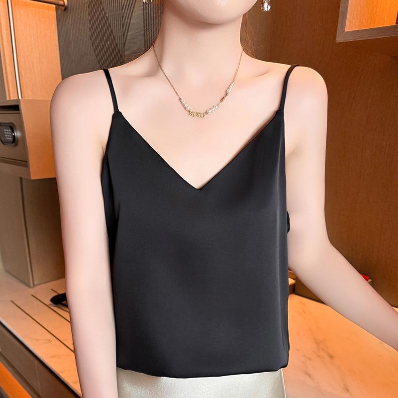 Women's Versatile Summer V-Neck Pearl Strap Satin Tank Top