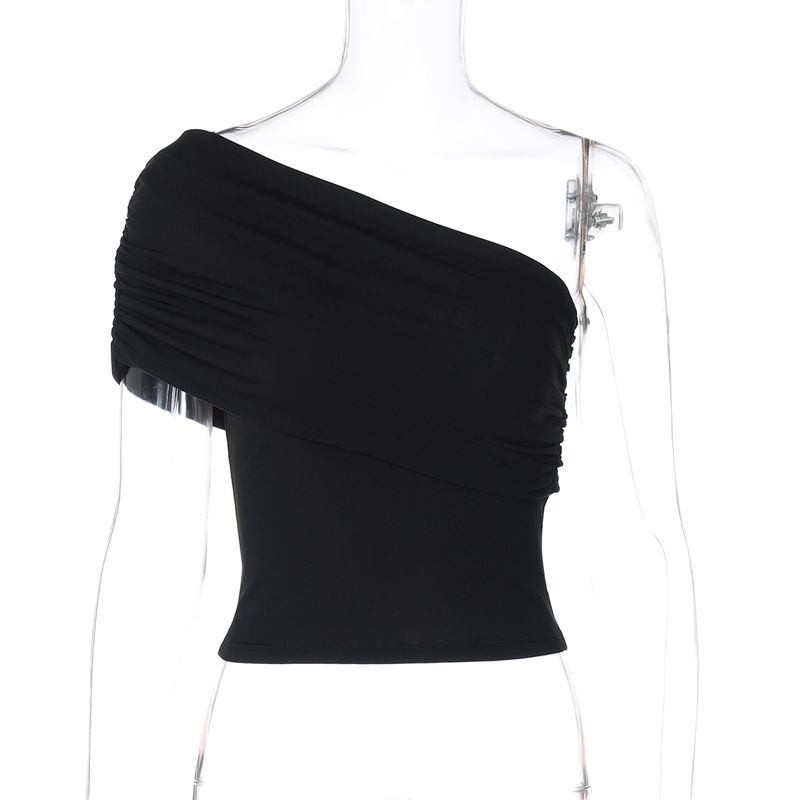 Shemoda Stylish Asymmetric Shoulder Diagonal Collar Pure Color T-shirt Female Sexy Sexy Pleated High Waist Silm Tops