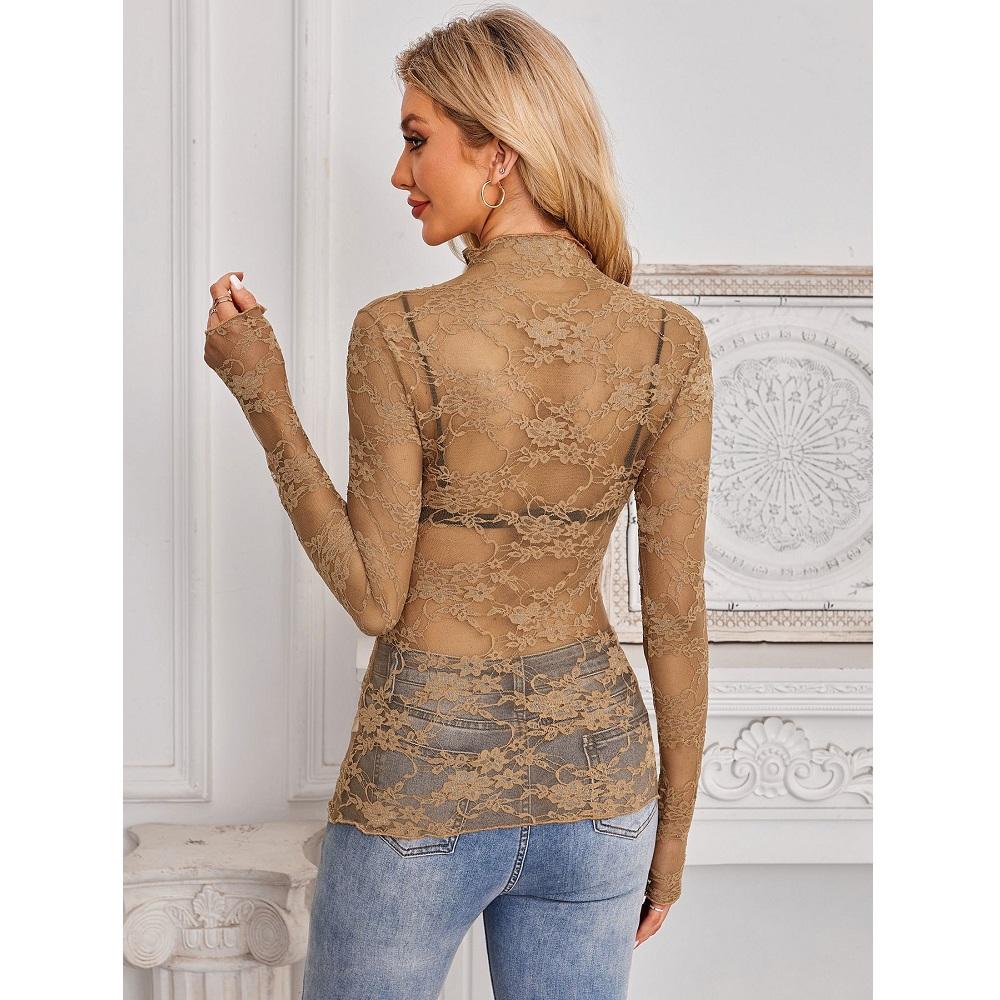 Dámské síťované průhledné krajkové topy s výstřihem do O-kroju a dlouhým rukávem, dámské slim fit květinové výšivkové topy, dámská trička