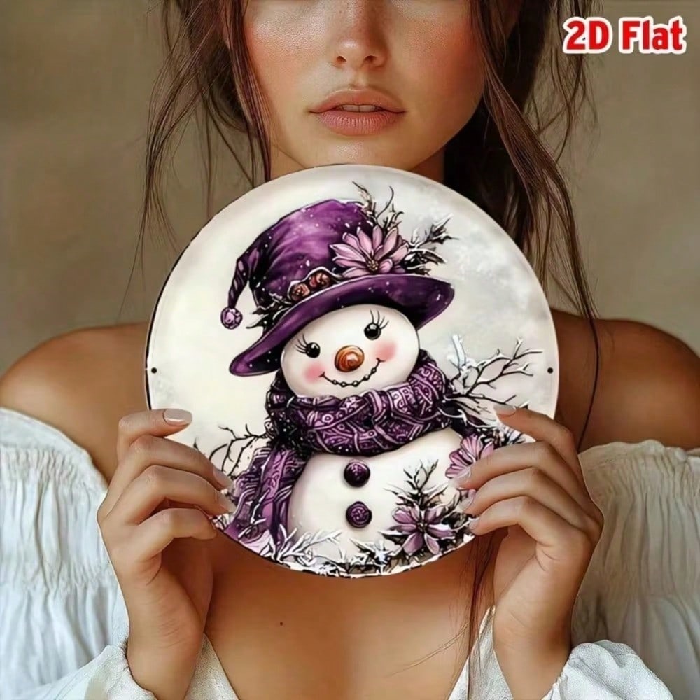 Purple Snowman Wreath Round Metal Wall Sign 8x8 Inch Christmas Holiday Home Decor Indoor Outdoor Hanging Ornament
