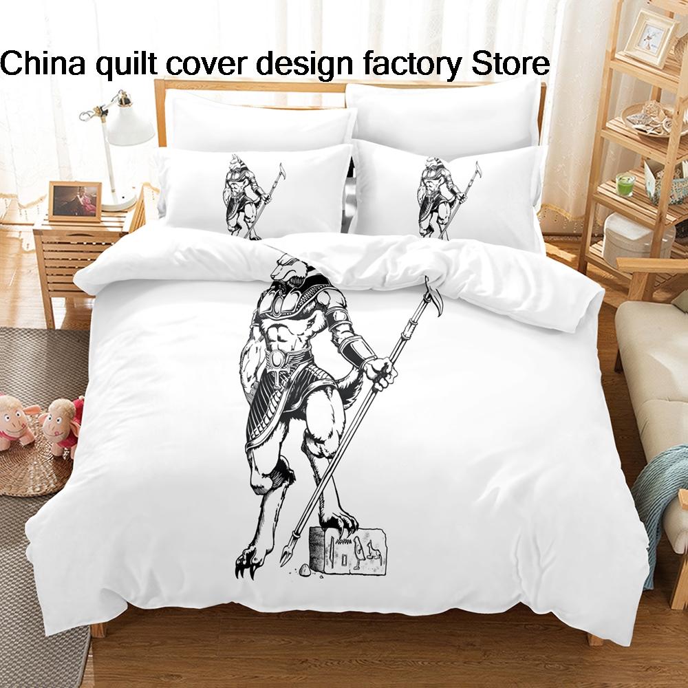 3Pcs Anubis Ancient Egypt Bedding Set 3D Print Egyptian Mythology Duvet Cover Pillowcases for Spiritual Room Decor Gift