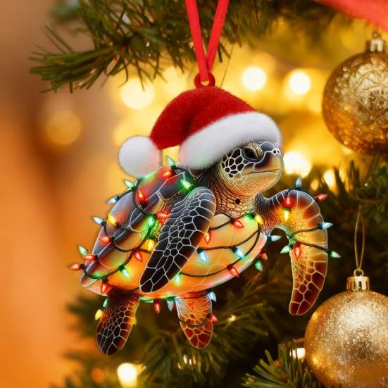 Christmas Ornament Flat 2D Acrylic Lion Wearing Santa Hat Charm Christmas Hanging Ornament with Rope