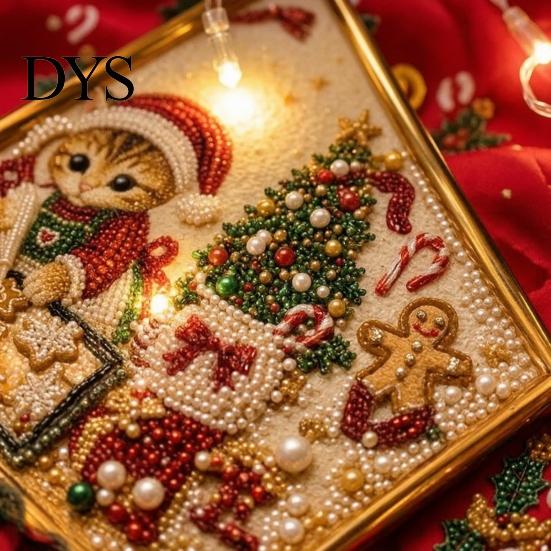 Creative Indoor Pastimes Xmas Cat Faux Pearl Painting Kit, Festive Art DIY Christmas Gift for Enthusiasts Cute Kitty 3D Bead Craft Kit Adults