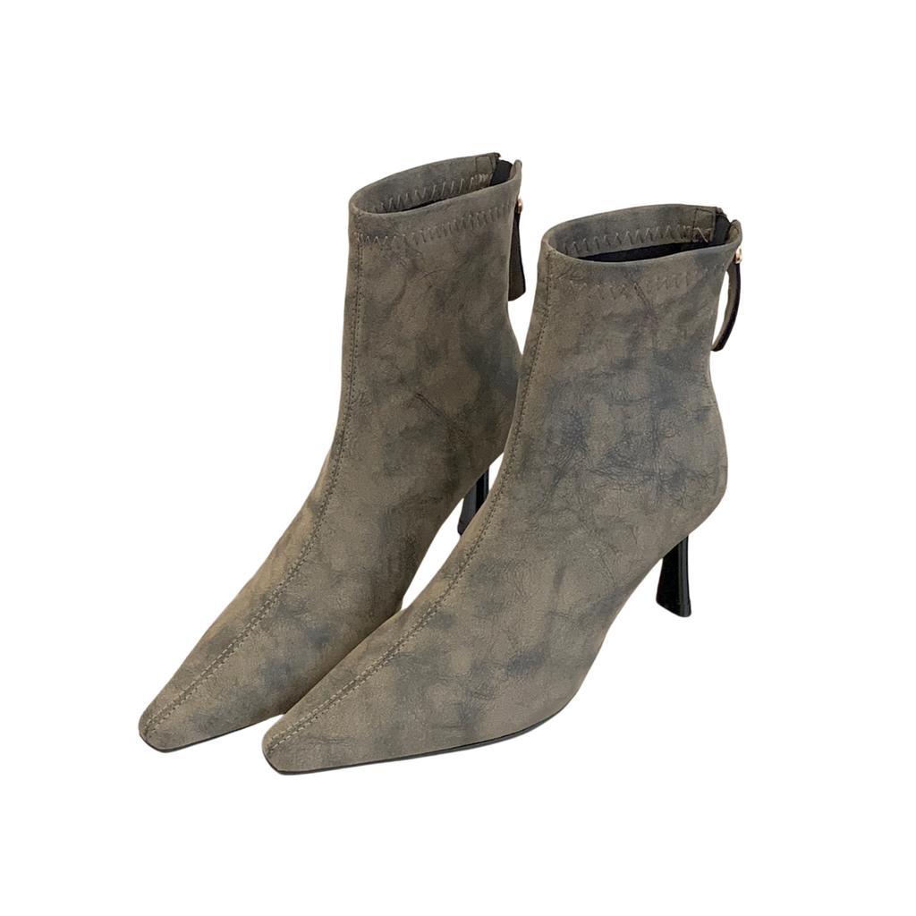 Off-white high-heeled short boots women's new pointed elastic thin boots thin-heeled short boots women's autumn and winter Martin boots