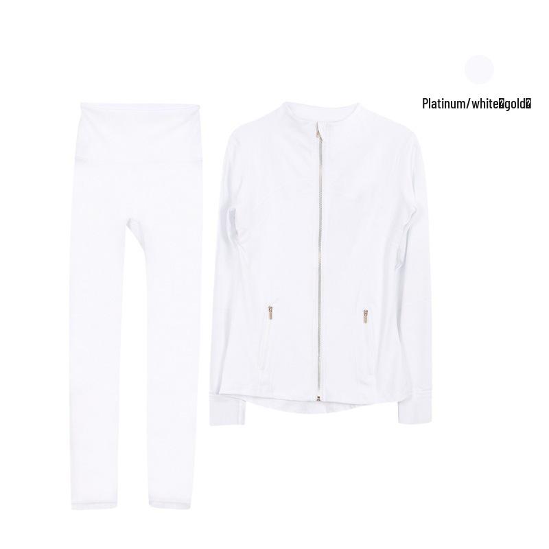 Lulu Original Gold Zipper Stand Collar Jacket & Cropped Yoga Pants Set - Women's Long Sleeve Tight Sports Suit