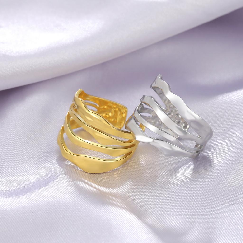 Women Irregular Wave Geometric Rings Fashion Stainless Steel Gold Adjustable Minimalist Finger Ring Jewelry