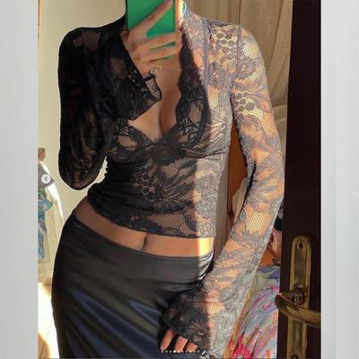 Haut en dentelle sexy slim-fit à décolleté en V profond - Style automnal européen et américain