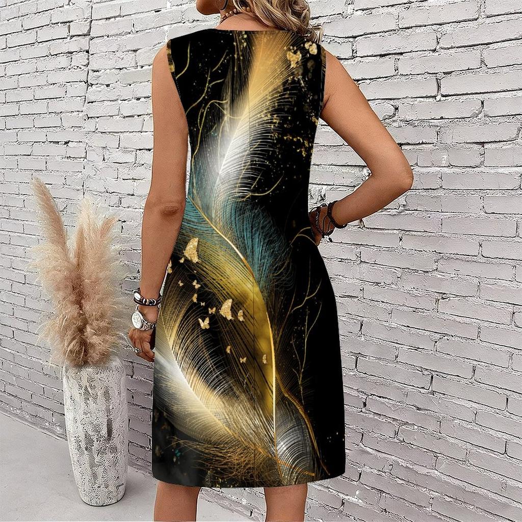 Plus Size V Neck Sleeveless Dress Cloudy Mountain Waterfall Art Print For Scenic Mountain Journey