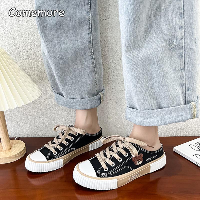 Fashion Comemore Spring Women Cute Bear Canvas Shoes Flat Casual All-match Half Slippers Korean Version Lace Up Ladies Vulcanized Shoe