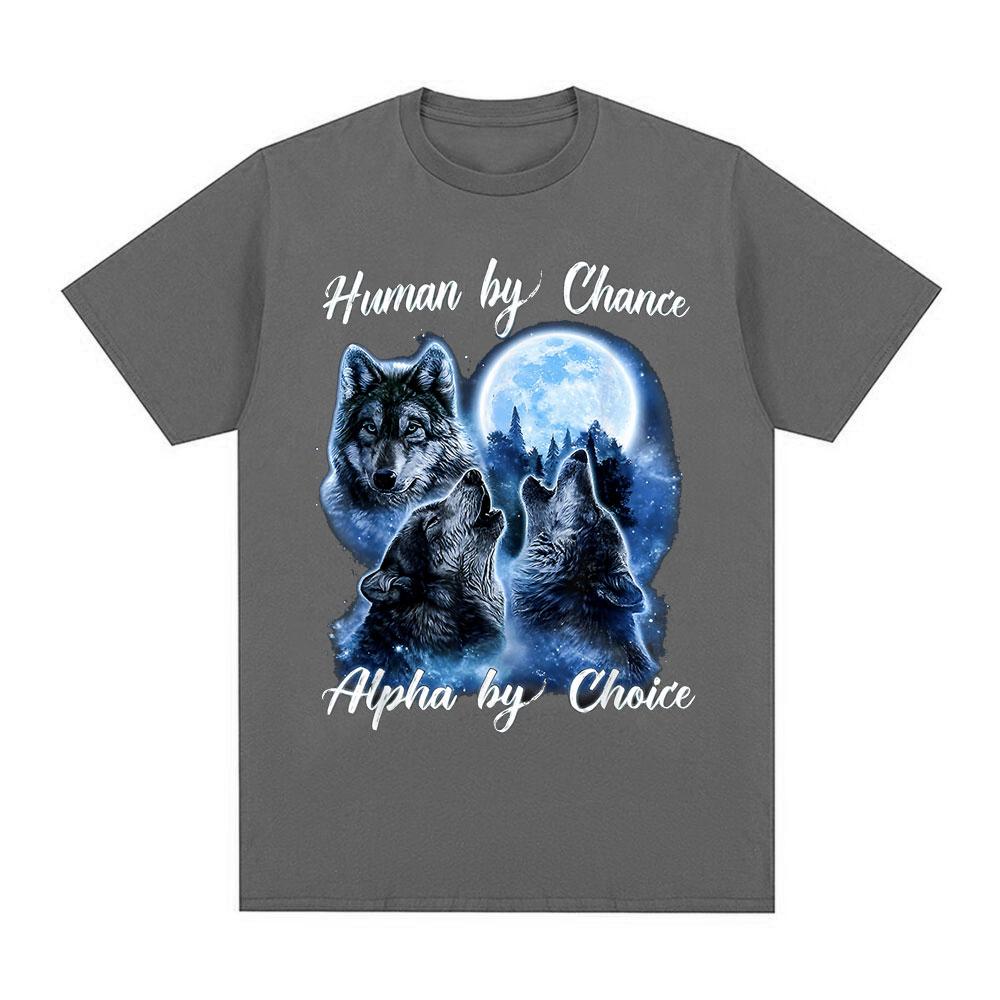 Human By Chance Alpha By Choice Wolf Graphic T-shirt Men Fashion Hip Hop Vintage Short Sleeve T-shirts Cotton Oversized T Shirts