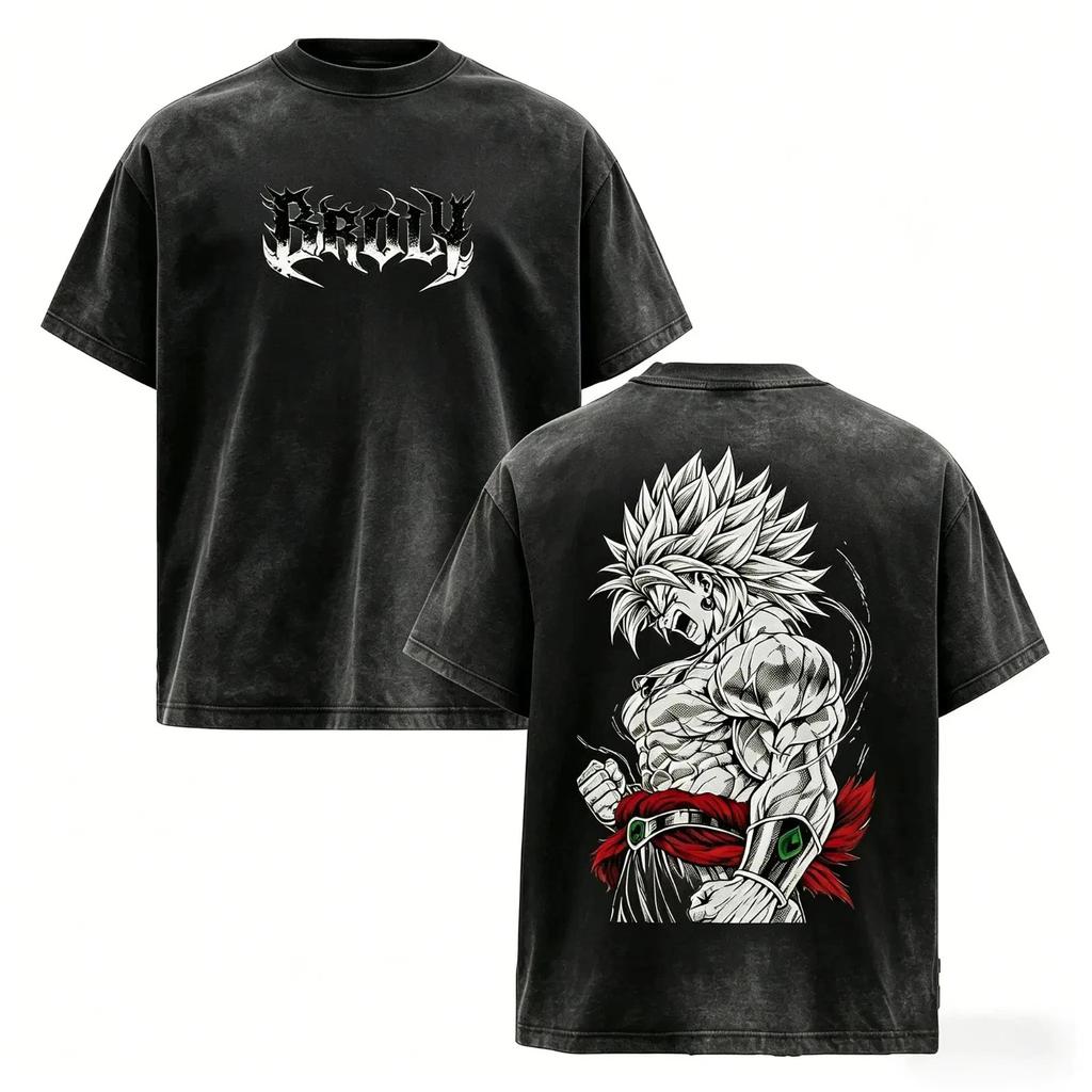 Broly Legenda Vintage Praná Oversized Grafické Tričko, DBZ Dvojitě Tištěné Tričko