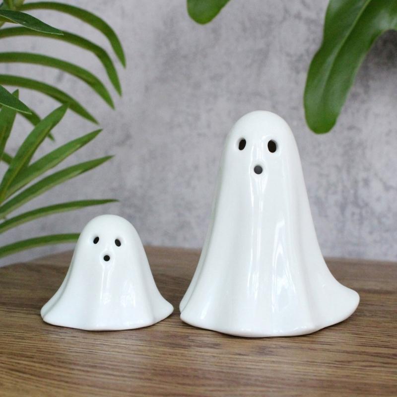 2Pcs LED Lighted Ceramics Specters Ghostly Figurine Sculpture Creative Table Centerpieces Glowing Lamp Halloween Decors