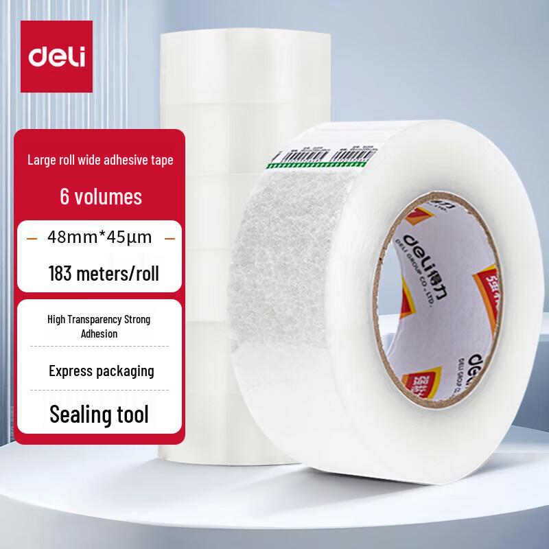 Deli Transparent Packaging Tape, 48mm x 183m, 6 Rolls