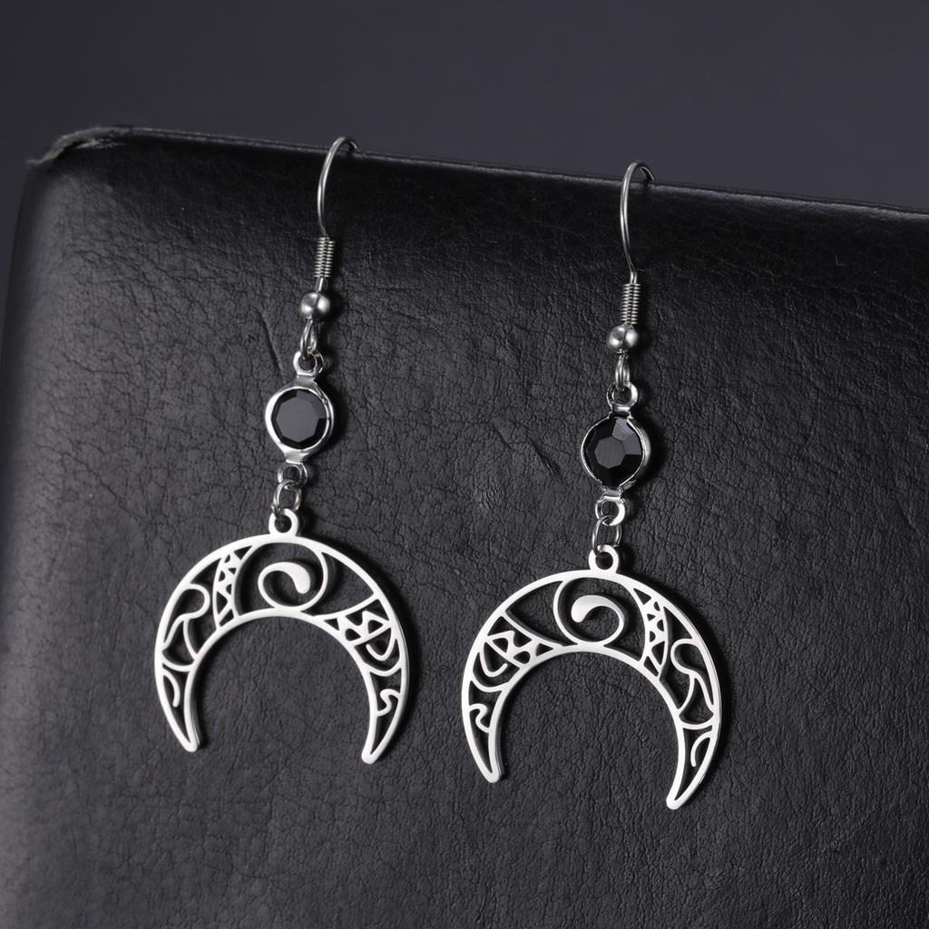 Witch Knot Moon Earrings Stainless Steel Black Birthstone Drop Earrings for Women Celtics Knot Lucky Irish Amulet Wiccan Jewelry