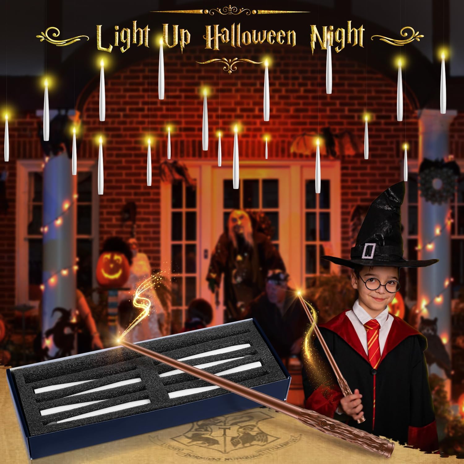 

Floating Candles 18 Pcs - Magical Flameless Candles with Wand Flickering Warm Lights Ideal for Indoor Window Bedroom Christmas Cosplay Birthday Theme 18PCs Candles+Brown Wand