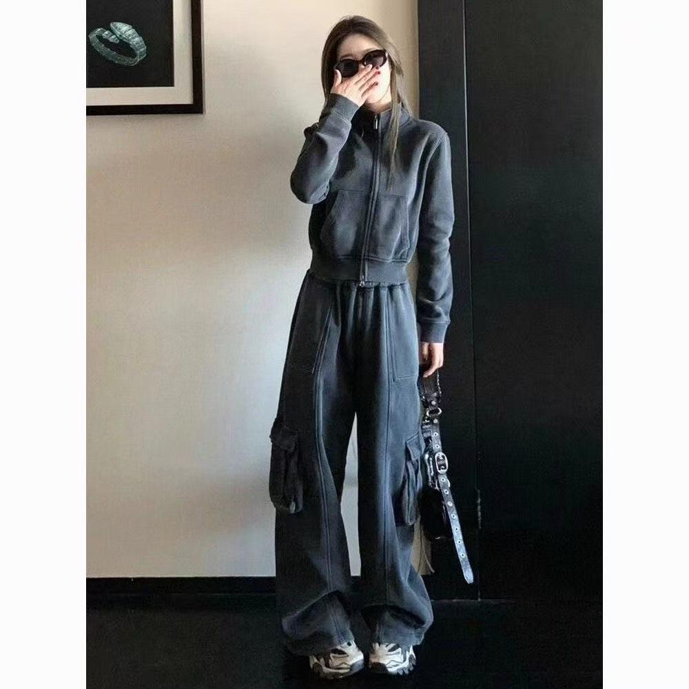 

Women s Autumn Fashion Spicy Girl Casual Sportswear Set: High-End Hoodie & Wide-Leg Pants Two-Piece S темно-сірий