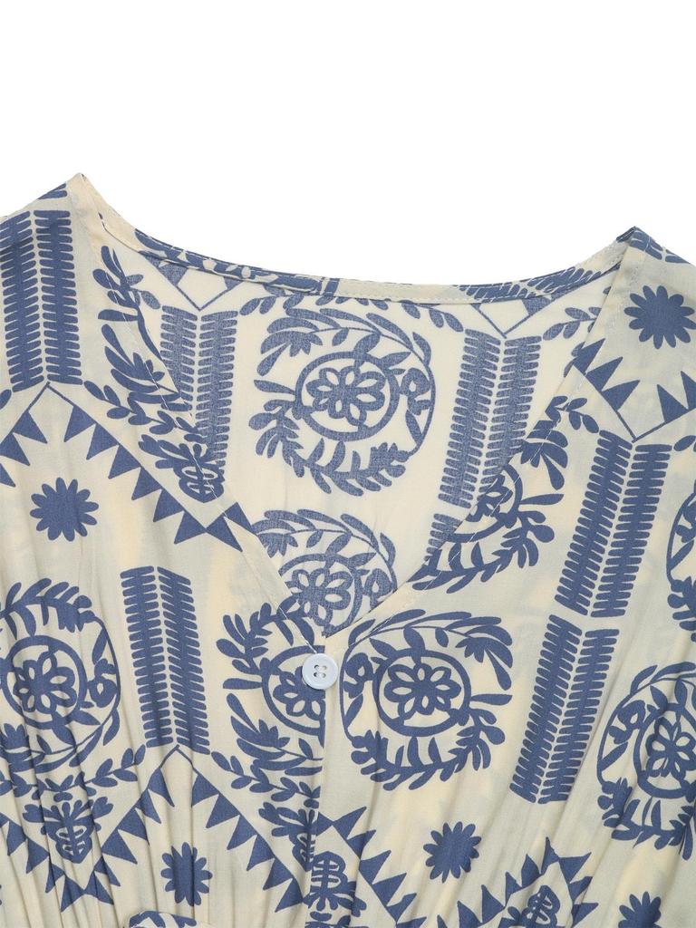 2025 Summer Ethnic Print V-Neck Short Sleeve Dress