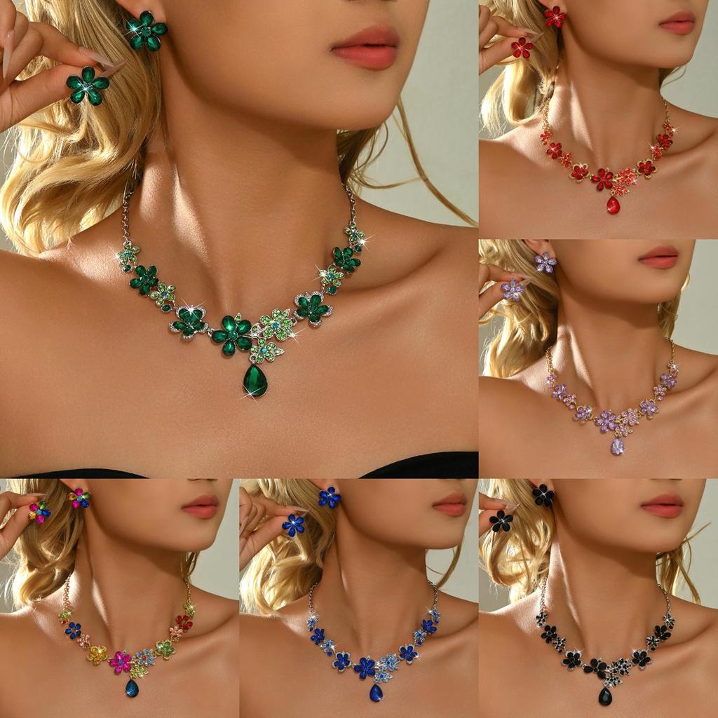 Exquisite commuting style flower droplet necklace earring set for workplace dating, women's gentle temperament accessories