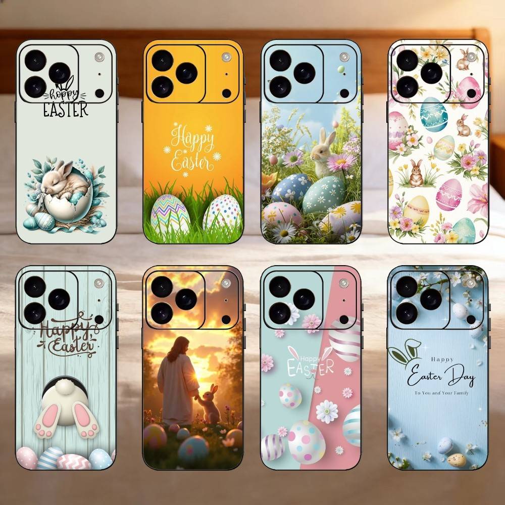 Easter Bunny And Eggs Phone Case For iPhone 17,16,15,14,13,12,11 Plus,Pro Max,SE4Soft Silicone Black Cover