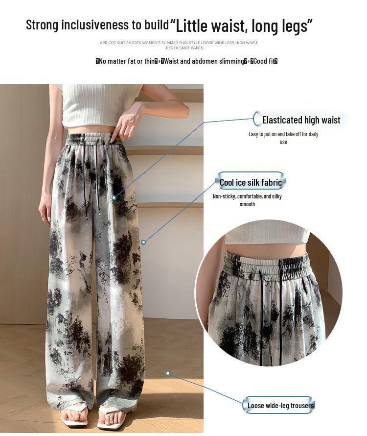 Chinese Style Ink Wash Tie-Dye High-Waisted Wide-Leg Ice Silk Pants for Women