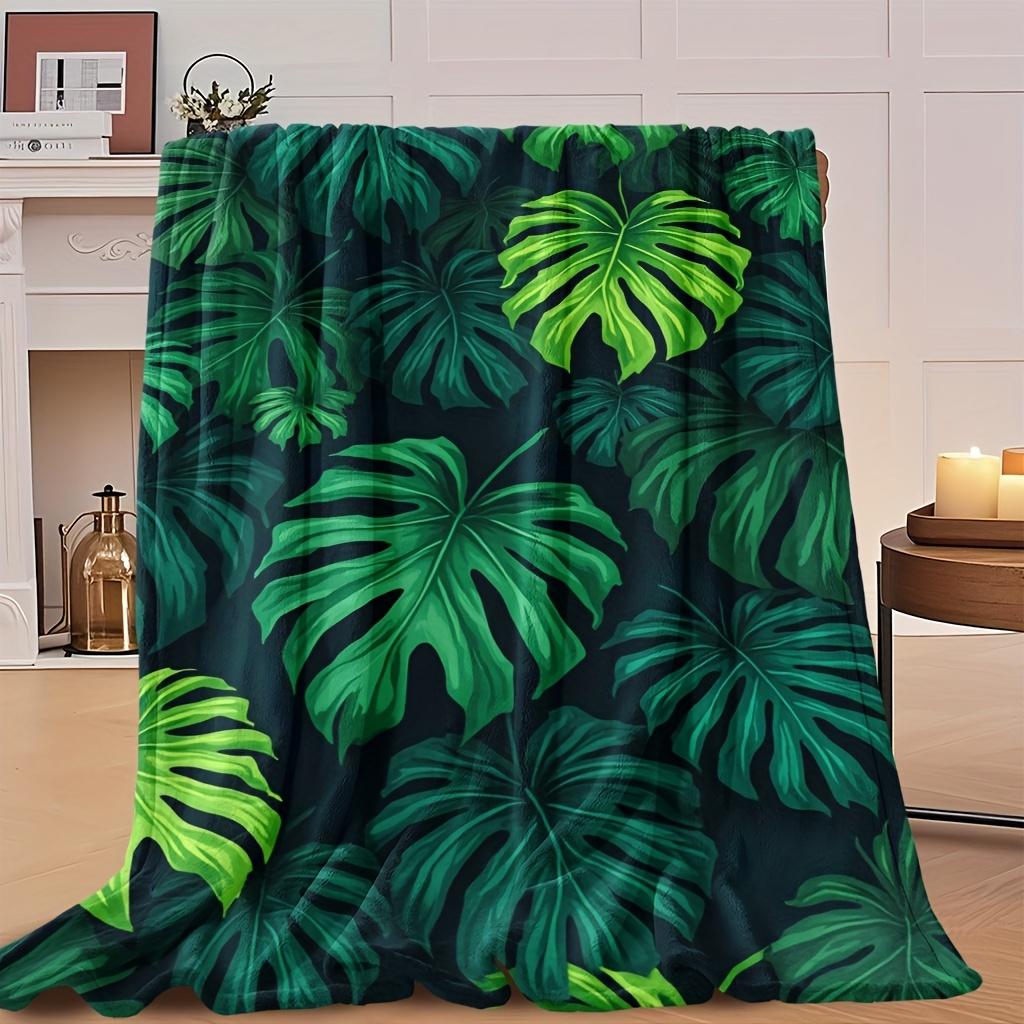 Tropical Rainforest Fleece Blanket - Soft Breathable All-Season Bedspread with Monstera Leaf Pattern, Green & Dark Green Tropica