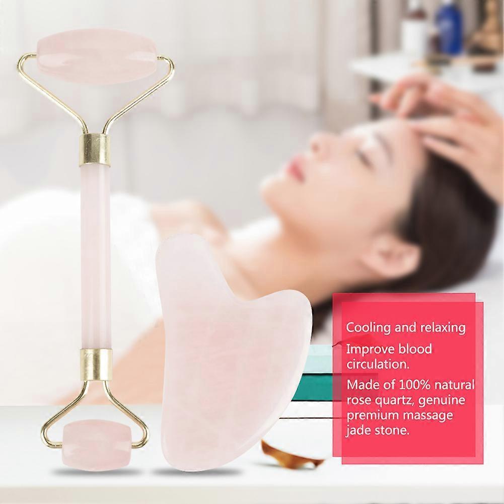 Natural Double Head Rose Quartz Jade Stone Roller & Scrapping Plate Face Massage Tool Kit