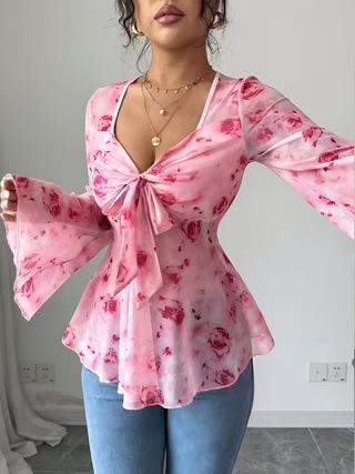 Plus Size Women Floral Print Sheer Mesh Bell Sleeve Bow Front Casual Elegant T Shirt 1XL розовый