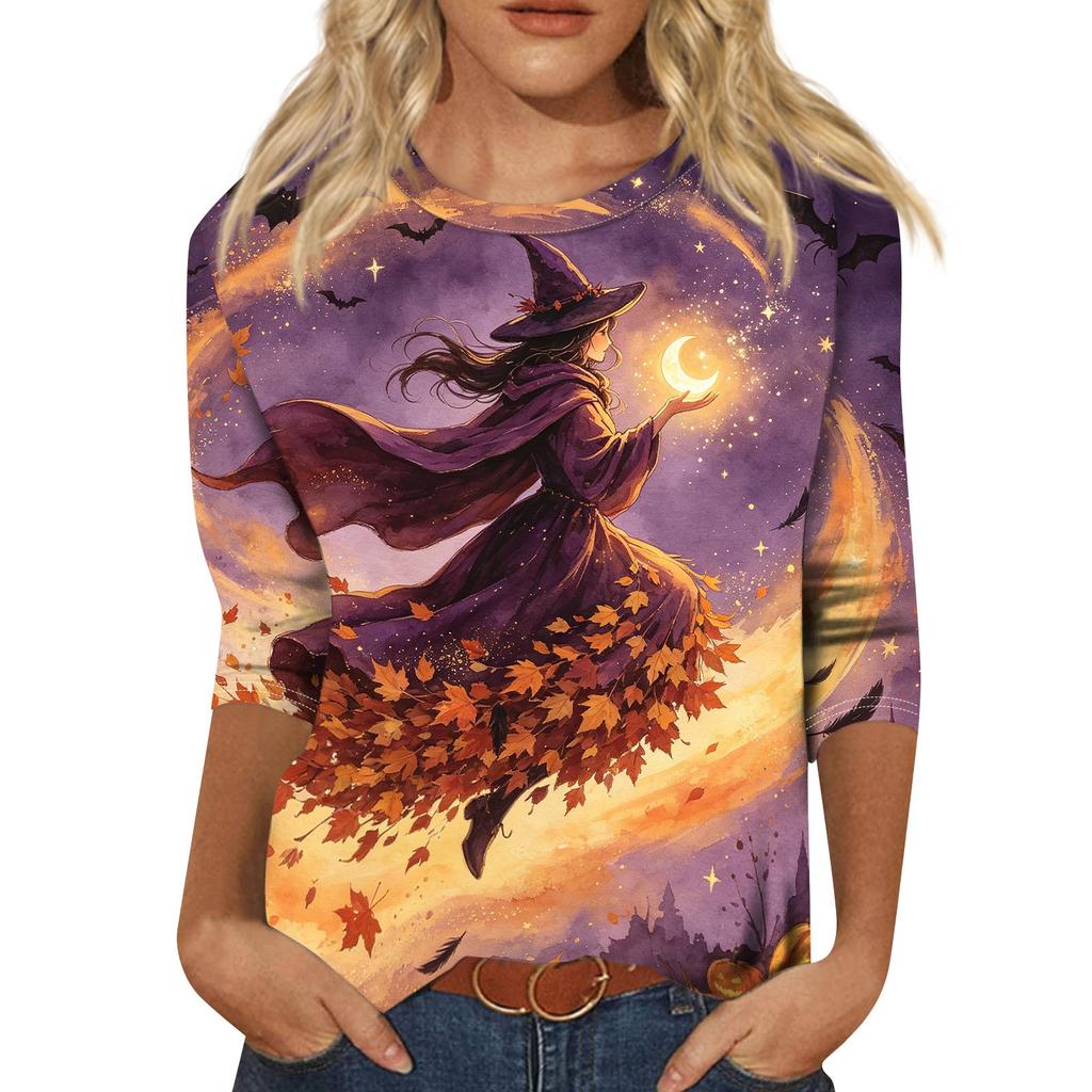 Women's Fashion Casual Halloween Print 3/4 Sleeve T-Shirt with Round Neck