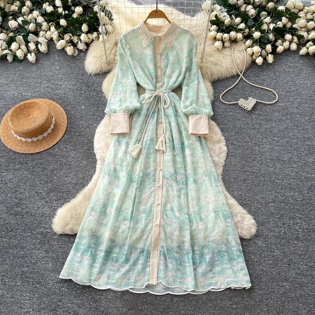 French romantic style lantern sleeve print dress women's autumn waist thin A-shaped long dress commuting elegance