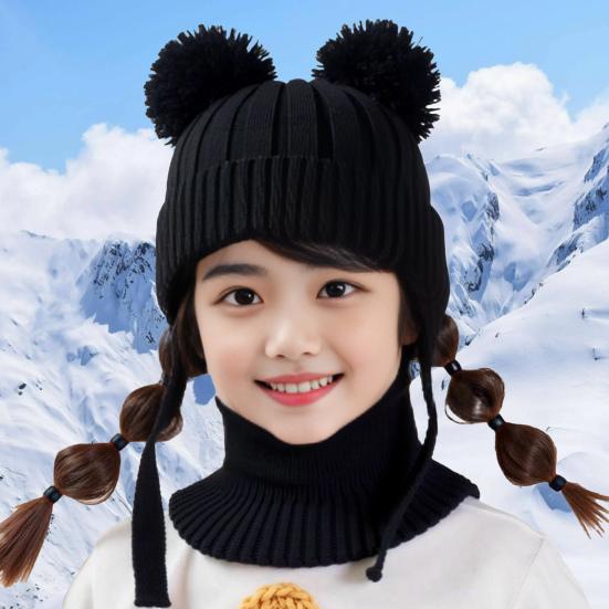 2Pcs/Set Children Winter Hat Scarf Set Plush Ball Decor Solid Color Plush Lining Knitting Hat Warm Neckerchief Set