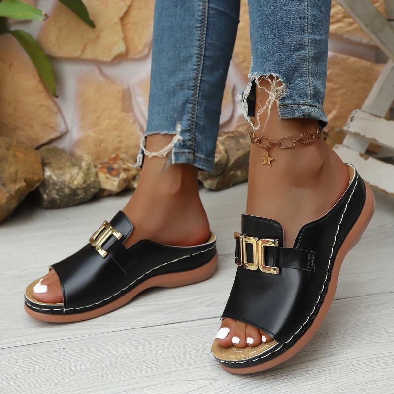 Women's Wide Width Solid Color Slides, Round Toe Chain Detail Mules, European Casual Sandals for Women