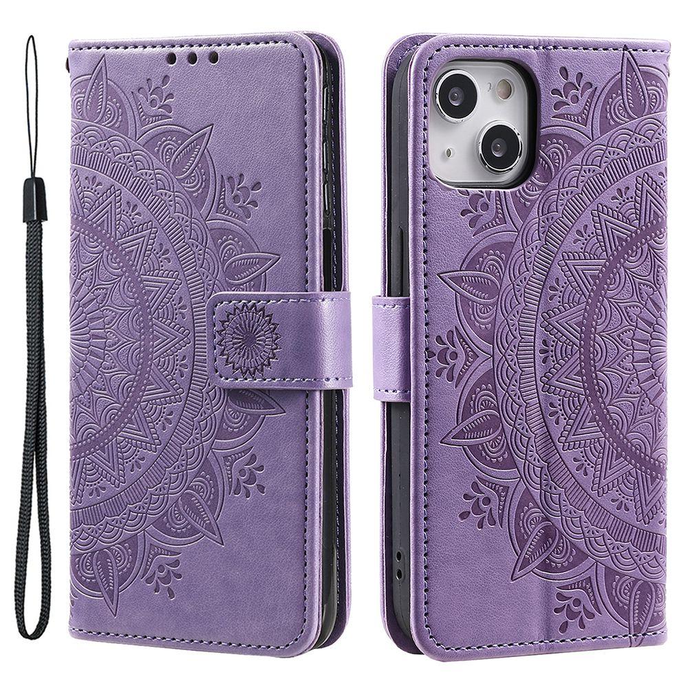 For iPhone 15 PU Leather Stand Cover Mandala Flower Imprint Wallet Phone Case with Strap