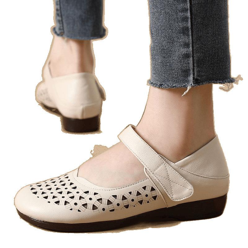 Real soft leather new sandals hollow and breathable summer non-slip flat bottom mother hole single shoes soft sole leather shoes women's shoes