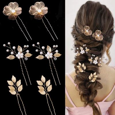 Handmade Pearl Flower Hairpin Gold Color Leaf Shaped Metal Wedding Bride Hair Clips Hair Jewelry Accessories Bride Hair Wear