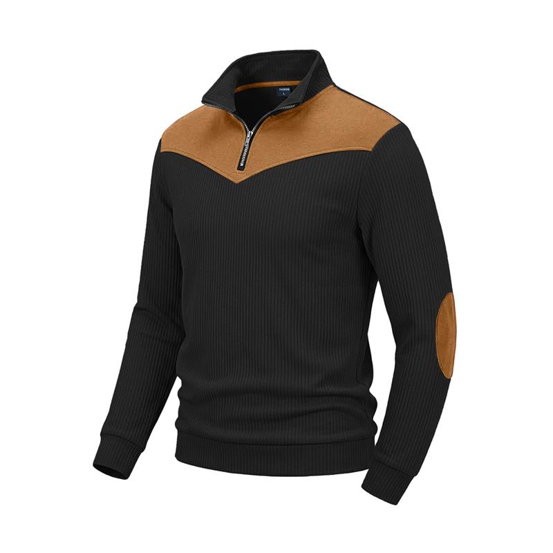 Herbst Winter Herren Color Block Sweatshirt Vertikal Rippstrick Halber Reißverschluss Stehkragen Pullover Wildlederflicken Schulter Ellbogen Vintage Lässig Langarm Oberteile