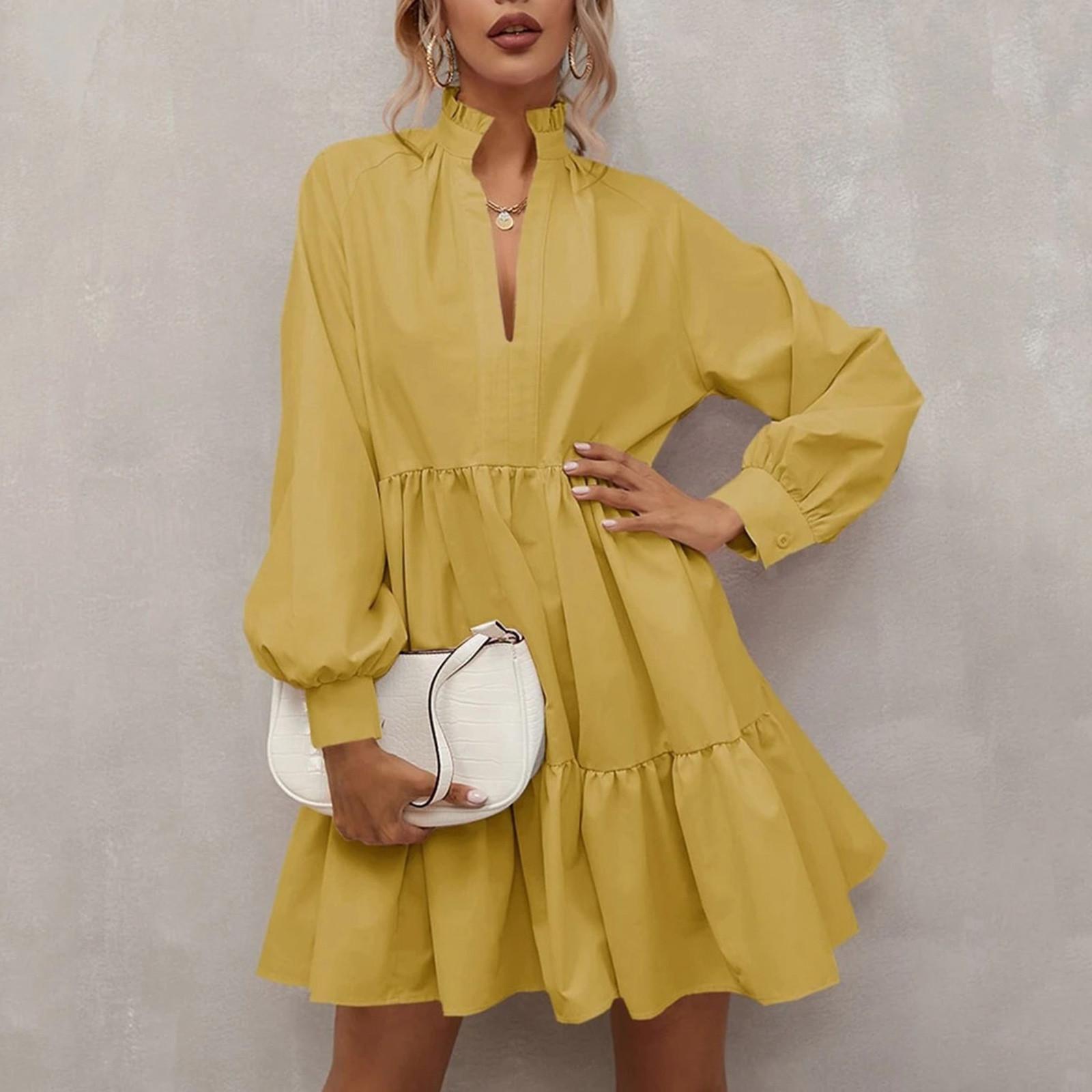 

Женское повседневное модное однотонное платье трапециевидной формы с v-образным вырезом и длинными рукавами, рюшами и строчкой L жёлтый